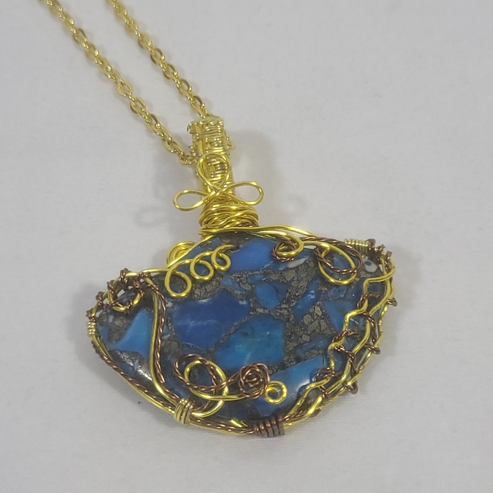 Handmade Wire Wrapped Blue Sea Sediment Jasper Pendant Necklace